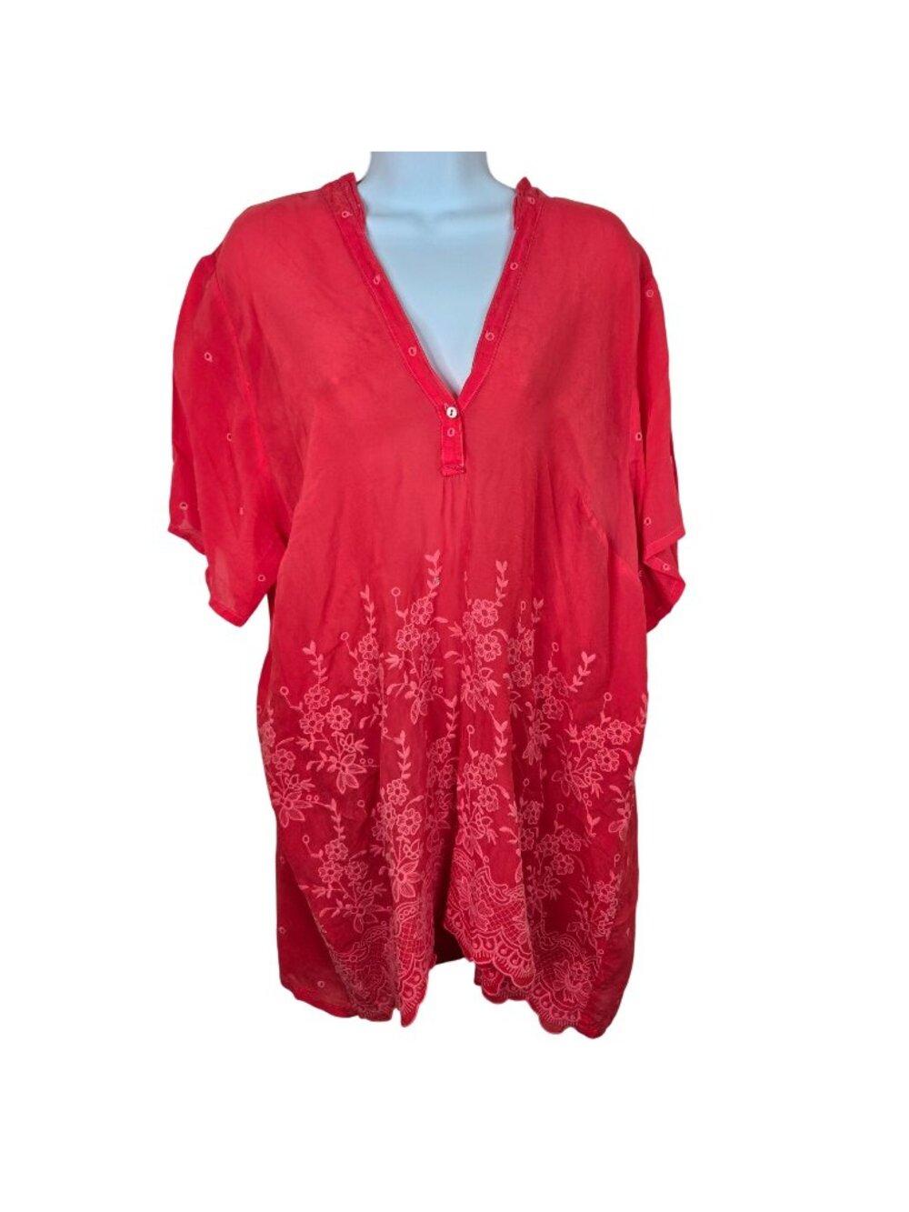Johnny Was XL Coral Red Embroidered Floral Tunic Blouse V-Neck